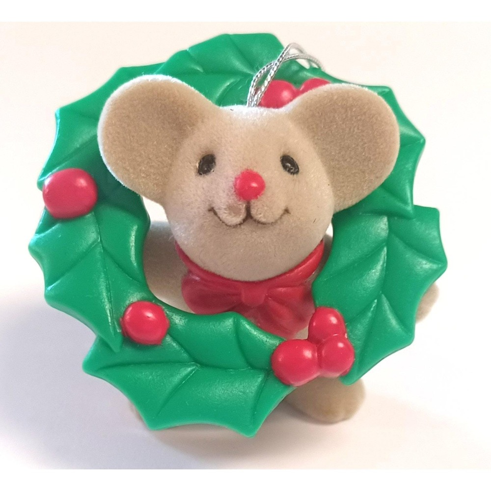 Vintage 1980s Avon Tree Trimmer Friends Flocked Mouse Holly Wreath Ornament